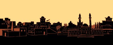 Geçmişe dönük eski İncil Yahudi çağı kırsal ülke Medine palmiye ağacı kentsel sahnesi beyaz gökyüzü manzaralı. El çizimi İran Iraklı Umman kulesi seyahat çizimi çizgi çizgi çizgi kutsal kitap sanat vektörü