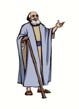 Kutsal Yahudi Tanrısı, bilge erkek haham rahibin ayağa kalktığına inanıyor. El çizimi siyah çizim eskiz eskiz orta Asya Suudi Arabistan etnik bornoz elbise kamış görünümlü beyaz gökyüzü metin alanı