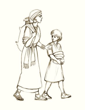 Kaybolmuş zavallı adam ağladı gitti. Üzgün Yahudi hizmetçi kadın beyaz gökyüzü sahnesini terk etti. El çabukluğu, kuru toprak kalıpları, su çuvalı, ekmek yemeği, eski moda grafik sanat eskizleri.