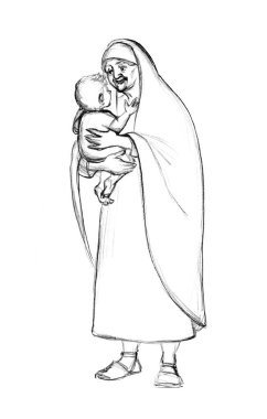 Yetişkin Yahudi anne şefkatli kollarını kaldır Isaac kucakla küçük çocuk dinlen tatlı anne gülüşü. Kara kalem çizilmiş kutsal Yahudi kız Naomi karısı kendini neşeli hisset Tanrı 'nın inancı mucizevi konuşma sanatı skeci