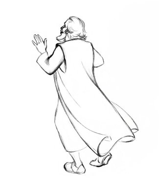 Line black hand drawn lone prophet pray lord god look see joy fast go walk path way sky. Male jew robe cloth fear Jacob active move meet pace step leave sand retro age islam east arab sketch art story
