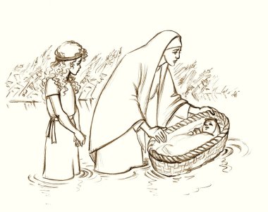 Moses' mother puts him in a basket on the river. Pencil drawing