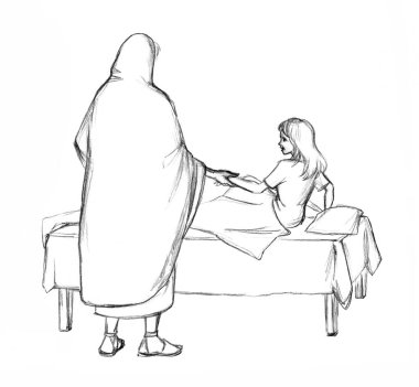 Holy happy merry head human old age male love hope face ask Lord messia mercy bless take cure sad death ill suffer die teen kid lady Pen drawn vintage white home room bed white gospel story art sketch