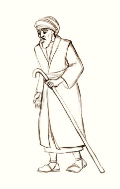 Yetişkin, bilge, sakallı, Yahudi, neşeli, gülümseyen, yaşlı, orta yaşlı, beyaz cüppeli, baston görünümlü bir adam. El yapımı siyah retro uae hindi adam büyük para para para para çuvalı vermek Tanrı inancı sanat skeç teklif