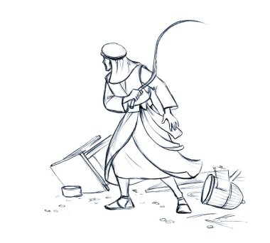 Kutsal azize Yahudi tüccarı, iyi oyunculardan korktuğu için şehir merkezindeki dükkandan kaçtı. Elle çizilmiş tekme öküz boğası keçi keçi keçisi kuzusu eski tanrı inancı çizgi roman sanat metni alanı