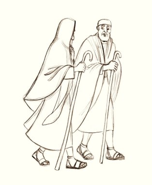 2 male human jew answer Hebrew Israeli guy ask holy lord god preach Moses law white faith story Islam art. Middle east old retro age Asian robe dress cloth look lead path step Aaudi trip hand drawn