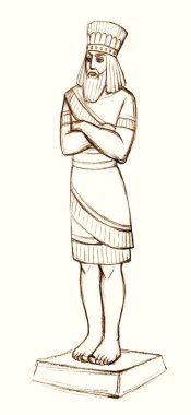 Orta Doğu 'nun büyük Sümer dönemi altın sarısı Irak kraliyet prensi Xerx giysi giysi Yahudi peygamber beyaz vücut bacağı simgesi. Çizgili siyah kalem el İran 'ın çizdiği resim, eski sanat eserlerinin Yahudi tarzı. 