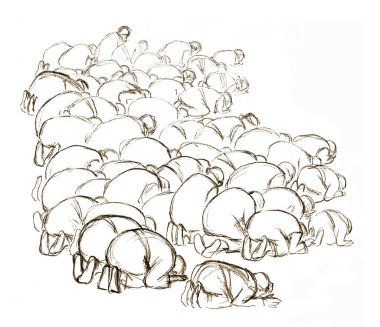 Kutsal BAE diz çökün Katar Arabistan erkek grubu kölesi Kral İsa 'ya yalvar beyaz toprak metin uzayı Kara çizgi el çizimi övgü dolu kız Kabe idolü eski İncil taslak sembolünü kutsa