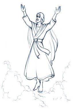 Saint holy male jew lord savior rise up arm devot come look love life hope rapture happy joy day old church story. Line drawn raised human ascend divine glory greet light white sign picture art sketch
