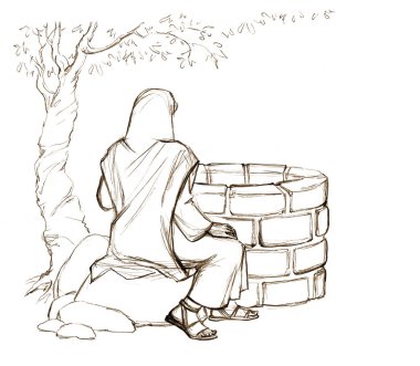 Young male jew lord slave Eliezer sit relax look meet Islam drink source basin retro age holy god faith art sketch story. Line hand drawn nomad maid girl lady roman stone park yard tree white sky view
