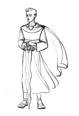 Saint jewish army prayer male knight seraphim hero face stand pray church temple light sky. Black pencil hand drawn old holy jew armor dress cloth human fly woman war arm retro mythic islam muslim art