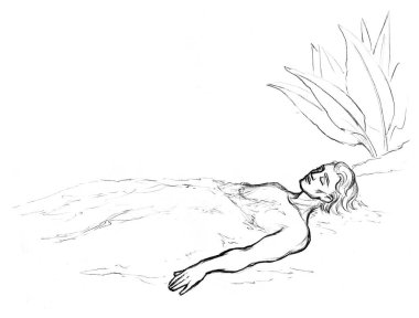 Black pen drawn line art sketch young adult guy boy asleep dream spirit breath beauty head face hair relax nap rest scene. Retro old antique age build form dirt sand mud like alive being white world hope 