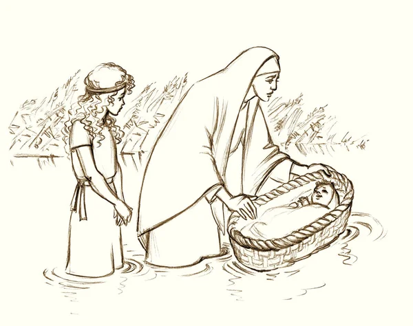 Moses Mother Puts Him Basket River Pencil Drawing — Stockfoto