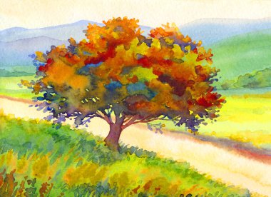 Parlak el, sis bulutu bulutu, gökyüzü sahnesi, metin alanı çizimi, arka plan çizimi. Kırmızı turuncu renk odun ormanı çimen yolu sakin hava günü gölet manzaralı dere manzarası