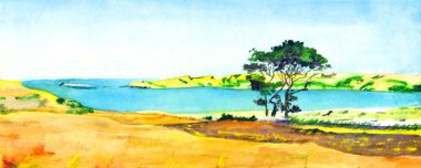 El çizimi parlak boya mavisi cennet sahnesi beyaz kağıt perde arkası metin alanı çiz. Açık sarı renk sakin tarla tarlası deresi koy yolu tahıl ağacı çimen, kaya göleti rüzgar manzarası