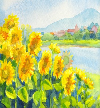 El çizimi parlak sanat eserleri sıcak köy şehrini boyarken cennet sahnesi beyaz kağıt metin alanı çiz. Açık mavi renk sakin paskalya çalı yiyecek bitki tepesi çayır göleti deniz manzarası