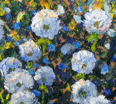 Hassas yakın plan koyu akryl gouache boya ışık bulanıklığı yumuşak park taze allium güneş ışığı manzarası. Canlı mavi el çizilmiş retro tuval fırçası kağıt suluboya kart tarzını yakından selamla