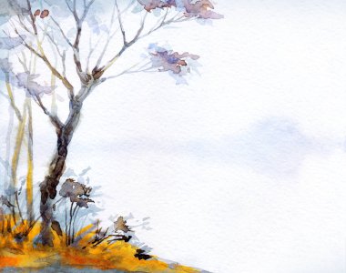 El çizimi resim çizimi, Creek Körfezi sisi, yağmur sahnesi, arka plan kâğıdı, metin alanı. Açık gri renk sisli bulutlu sakin eski kırsal tepe yolculuğu rahatla taş plajı, kuru çalı bitkisi sonbahar manzarası