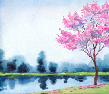 El yapımı, soyut Çinli ressam suluboya resim çizimi kâğıt metin arkaplanındaki bulanık sis sahnesi. El çizimi açık pembe renk kiraz ağacı sakin vadi kırsal manzaralı sanat eserleri