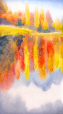 Canlı bir el çizimi akvaryum taze kavak çamı sisi sahne kağıdı metin alanı arkaplanı. Parlak kırmızı turuncu el işi çimenleri çalıları çalıları serin hava günü manzaralı dere kıyısı kırsal manzarası