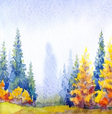 El çizimi suluboya resim beyaz kağıt desenli metin arkaplanı çizimi. Islak sis günü manzaralı bulutlu sis manzarası. Parlak kırmızı turuncu renk yabani tayga otlar kara akrilik Rusya manzarası