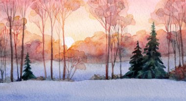 El çizimi soyut suluboya sanat eserleri açık pembe boya fırça stili noel yeni yıl kağıt kart metni alanı. Sakin, eski, solgun, sisli, sisli, sisli tepe yolu kırsal çalılık manzaralı...