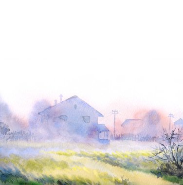 El çizimi suluboya ahır kulübesi açık kağıt metin arkaplanı. Sakin, nemli, sisli, kır ağacı manzaralı, dumanlı, parlak, mavi renkli, geçmişe dönük sanat eserleri.