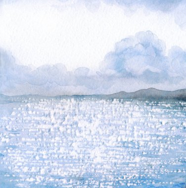 Elle çizilmiş akvaryum boyası sakin, serin, taze bahar ışıltısı gölet dağı ufku sahnesi. Kağıt kart metin alanı arka plan eski tarz tasarımı. Mavi renk yağmur, cennet, vahşi vadi, tatil manzarası.