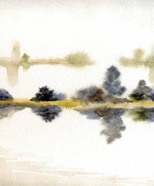 El çizimi suluboya resim çizimi kağıt metin alanı. Kırsal sakin çalı çalısı, çalı tarlası, dere yatağı, sel, yağmur manzarası. Serin bahar sisli sonbahar kumsal eski sanat eserleri sahnesi