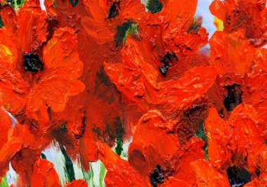 Kırsal retro malva sanat eseri manzarası. Canlı el çizimi akrilik boya yetişen bitkiler. Modern kanva kart tasarımı tarzı. Parlak turuncu renkli taze zambak tomurcuklanmış bitkisel tarla sahnesi