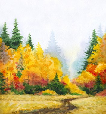 Kağıt desenli arkaplana elle çizilmiş suluboya resim. Taiga nemli sis günü manzaralı bulutlu manzara üzerine metin uzayı. Parlak kırmızı turuncu renk yabani çimen bitkisi kara akrilik Rusya manzarası