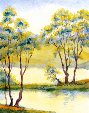 Parlak el çizimi suluboya ressamı temiz hava batımı sahnesi çiziyor. Kağıt arkaplan metin alanı. Açık yeşil renkli boya sanat eseri çalılık vadi çimenliği sakin bir günde dere kıyısı manzarası