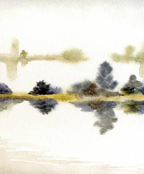 El çizimi suluboya resim çizimi kağıt metin alanı. Kırsal sakin çalı çalısı, çalı tarlası, dere yatağı, sel, yağmur manzarası. Serin bahar sisli sonbahar kumsal eski sanat eserleri sahnesi