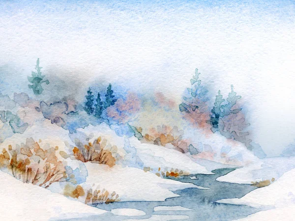 Açık renkli kâğıt arkaplan arkaplanı üzerine suluboya resim çizimi. Sakin mavi çalı çalısı kış günü sahnesi. Buzlu yeni yıl Deresi Deresi Körfezi manzarası