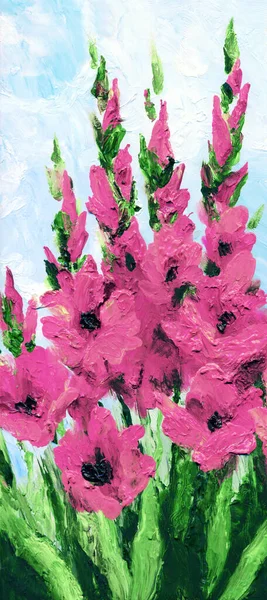Spring rustic malva scene artwork view. Vibrant pink hand drawn acrylic paint on white paper in modern canva artist card design style. Bright scarlet color sword fresh lily petal scenic on light sky