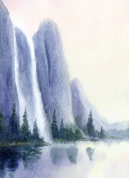 Dusk watercolour paint cloudy fog pond rocky scene paper backdrop text space. Hand drawn blue color mist valley canyon cascade creek. Artist outdoor wild bush plant country view sketch graphic artwork