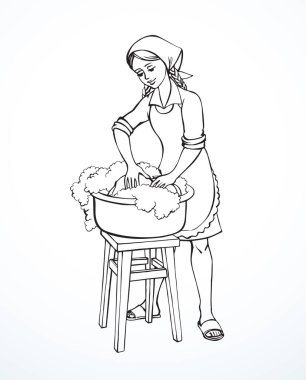 Young smile teen lady kid hold wet clear liquid fun house wife garden job old retro histor outline sketch art. Black line ink drawn cute funny joy pure clean toy dress scarf body white home text space