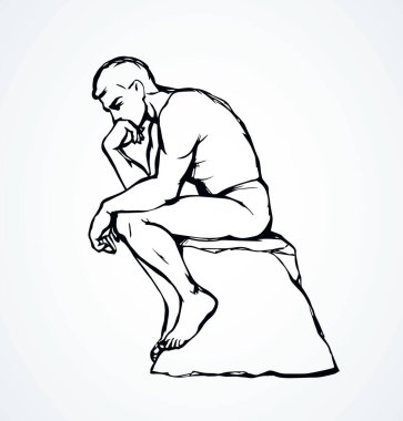 Closeup line view Classic french carve naked Poet white text space. Outline black ink pen hand drawn logo nude ponder memory ask question why faq image sign design in retro artist doodle cartoon style