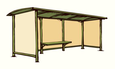 Steel suburb busstop promo ad brand render plastic roof cover canopy glass wall side view white sky text space. Black line hand drawn wait tram chair sign icon symbol modern doodle outline art style