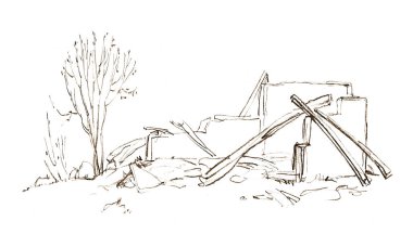 Past age view rural burn estat brick hut door beam war death tragedy urban city bomb attack arson loss sky Black hand drawn town property hall room roof dead desert bush grass retro graphic art sketch
