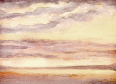 Hand drawn paint quiet calm beach shore fresh sun glare white light dawn heaven horizon view scene. Paper card text space retro sketch style design blue violet acryl color pond rain mount view picture