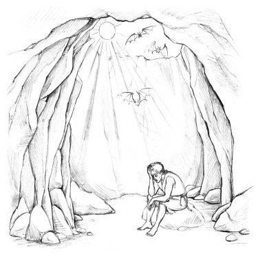 Hand draw lone sad thrown girl old dirty hard rocky dig wild bat den dirt cliff gap place. Lost torn robe cloth male jew guy sit cry pray God ask help light sky retro biblical story graphic art sketch