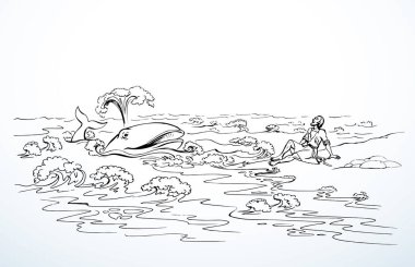 Old lone 1 jew male guy hope save life swim wild giant big marine beast open jaw mouth help israel human alive symbol. Retro pray jewish god biblic miracl story cartoon hand drawn sketch art white sky