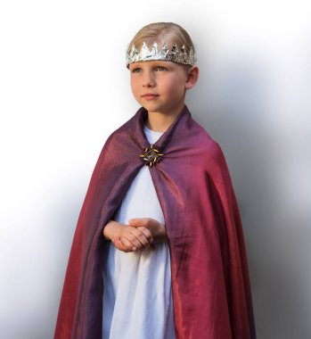 Yakın çekim eski eğlenceli pelerin cazibesi altın folyo mücevher metin alanı. Komik oldukça hoş neşeli neşeli gülümseme bayan göz zengin kral rolü kırmızı elbise, mücevher eğlence parti eğlence masalı hikaye konsepti