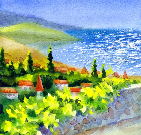 Hand drawn bright paint sketch old retro israel coast land scene paper backdrop bibl greek artist style. Scenic blue color grape vine plant farm field spring day artwork trail path way view text space