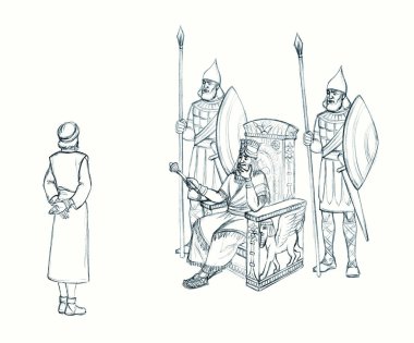 Middle east Sumer empire old past age Iraq royal prince sit Xerx point bound male jew lord human body white dress cloth. Black hand drawn golden crown Iran retro Jewish god Europe art graphic sketch