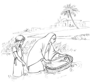 Retro church exodus small newborn cry israelit slave male human pray torah story view. Line hand drawn Nile lake sea beach coast reed grass bush birth king sleep morn girl sky cartoon art sketch scene