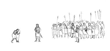 Retro old age lame male twin go walk limp big armor war guard arm troop row human crowd white field land scene Middle east black hand drawn jew God faith slave camp story islam muslim cartoon art sketch