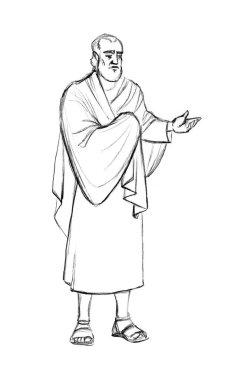Yetişkin, bilge, sakallı, Yahudi, kutsal, Jacob, Tanrı 'nın inancı fikri. Yaşlı, zengin, yaşlı, Roma rahibi, haham cüppeli, beyaz gökyüzü görünümlü. El çizimi geçmiş hikaye çizgi film çizimi