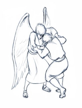 İki yahudi insan dua kolu yarışması kazanır. Dua et de ordu kahramanı beyaz gökyüzü mesaj uzayı kazansın. Koyu siyah çizgi çizilmiş Yahudi rakip oyun oyunu Gardiyan konsept simgesine karşı eski antik çağ eskizi sanat stili